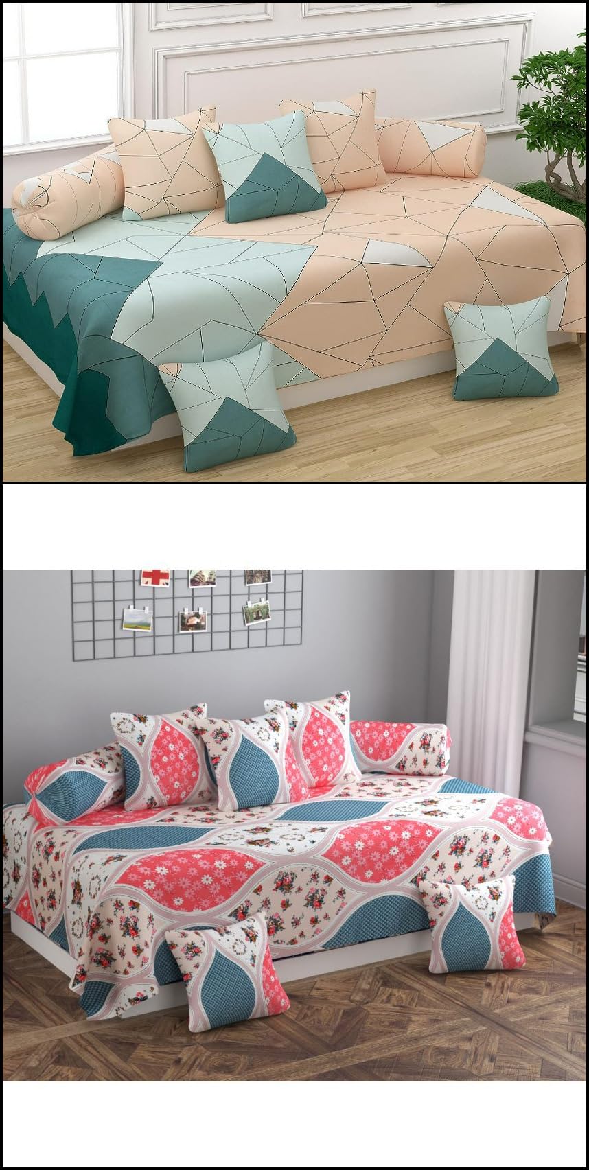 JBTC Amazing Combo Diwan Covers Set- Pack of 2,diwan Set with 2 Single bedsheet+4 Bolster Covers + 10 Cushion Covers,2 Set of diwan Covers, Combo diwan Set bedsheet Size (60 X 90) inches (Check)-picture-47