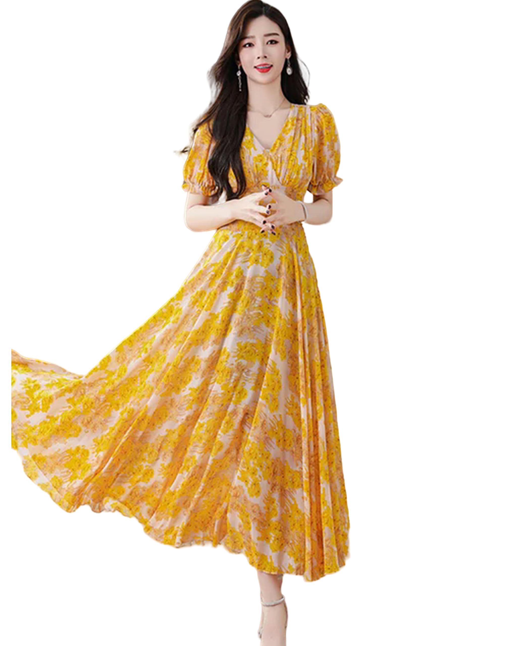 Juketron Ropa de Mujer Vestido de Gasa Floral Amarillo Maxi 2024 Moda Prom Playa Casual Verano Elegante Fiesta Vestidos Largos de Noche para