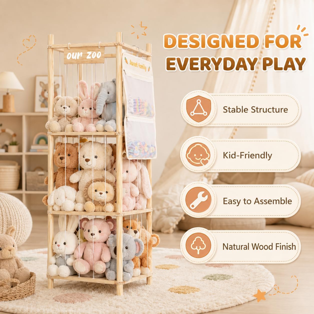 Stuffed Animal Storage Organizer, Large Wooden Zoo Toy Holder with Pockets, Plushie, Stuffy,Toy Storage for Kids Room, Playroom, Bedroom(Light Brown Small