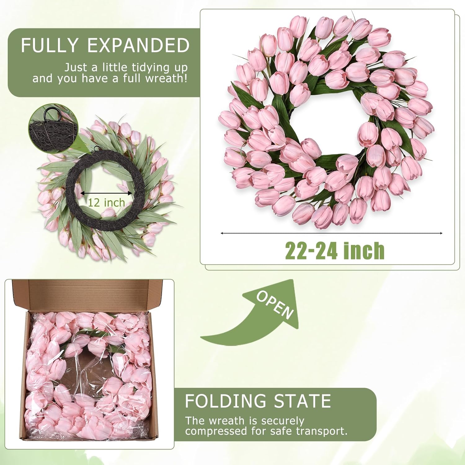 24 Inch Tulip Spring Wreath for Front Door Summer Silk Wreath with Green Leaves Artificial Tulip Flower Wreaths for All Seasons Farmhouse Porch Wall Living Room Home Widding Decor-Pink
