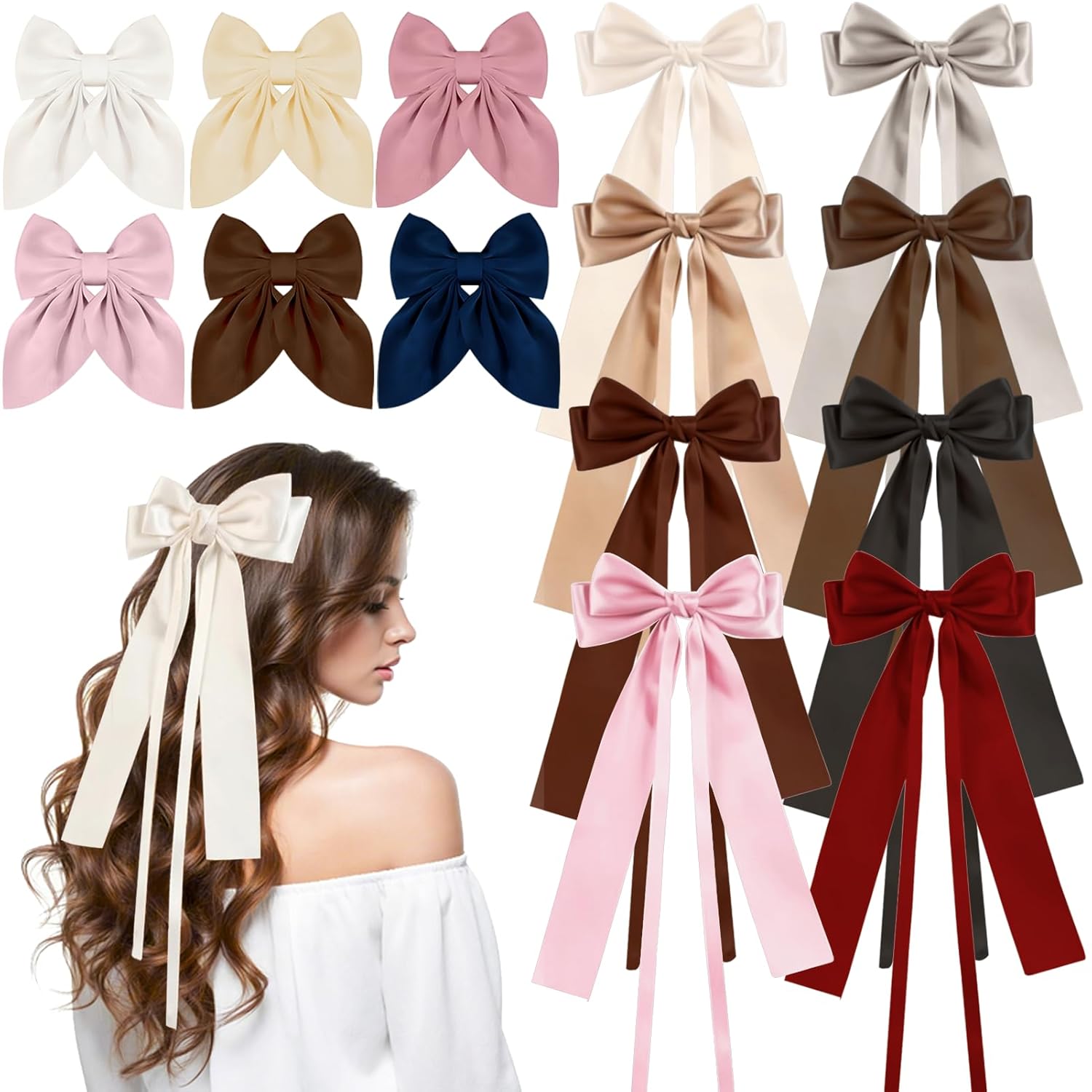 14 Pcs Hair Bows for Women, Bow Hair Clips with Long Tail, Coquette Bows Hair Ribbons, Big Hair Bow Hair Accessories for Women (Trendy Brown)