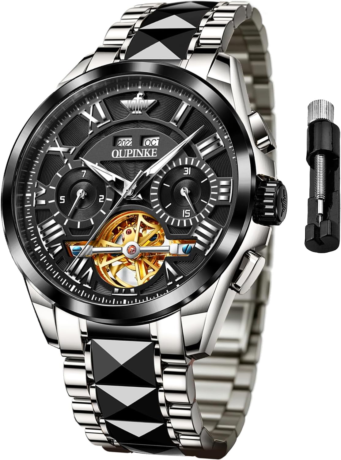 OUPINKE Men's Watches Automatic Skeleton Watch Mechanical Wrist Watch Business Luxury Stain Steel Waterproof Luminous, Black & Silver, Mechanical Skeleton Watch