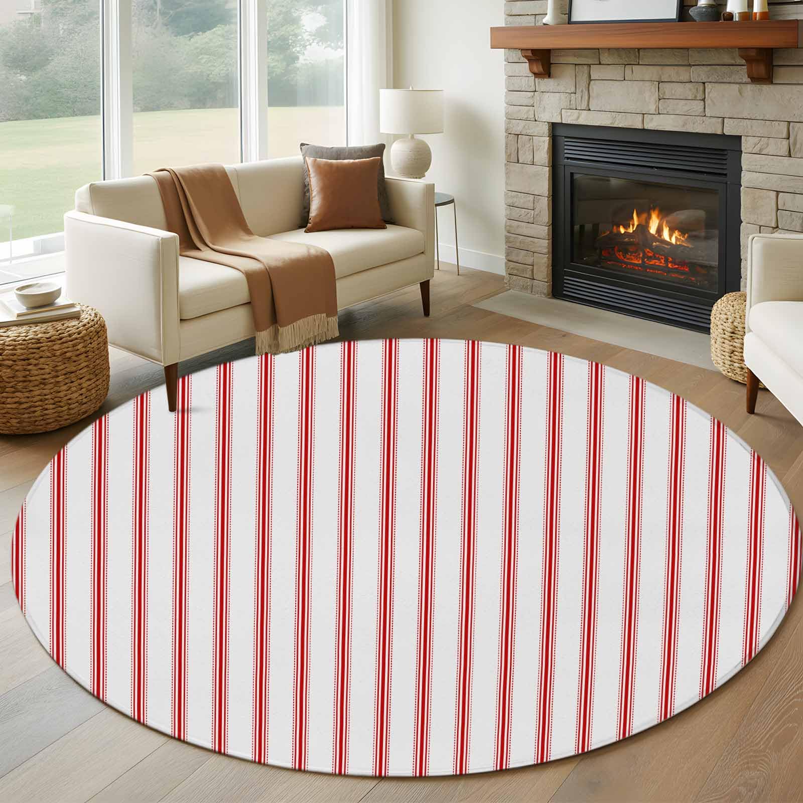 Alfombra redonda lavable a rayas rojas, alfombra suave antideslizante para el hogar y la oficina, decoración de granja, suelo estético para interiores, elegantes rayas rojas y blancas