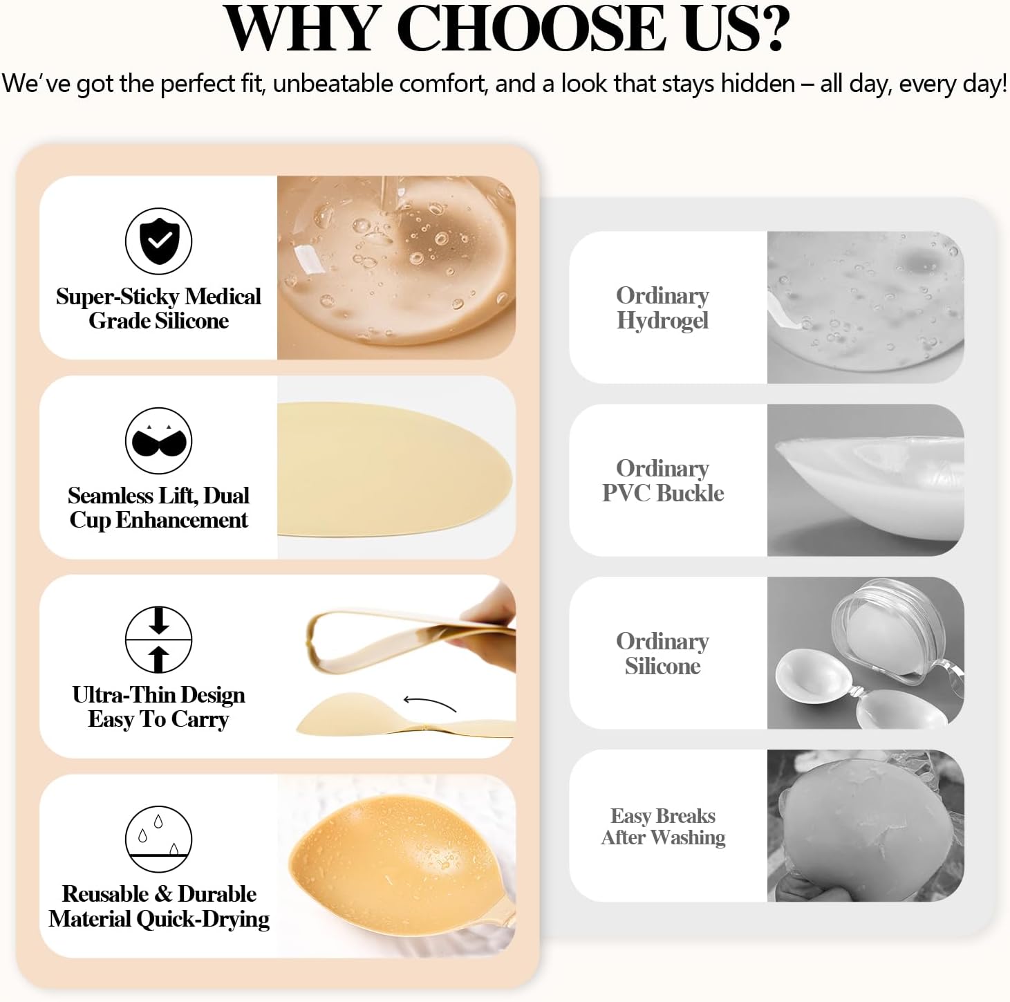 Sticky Bra Push Up for Women - Invisible Adhesive Silicone Bras, Strapless & Seamless Backless for Dresses Beige - Image 7