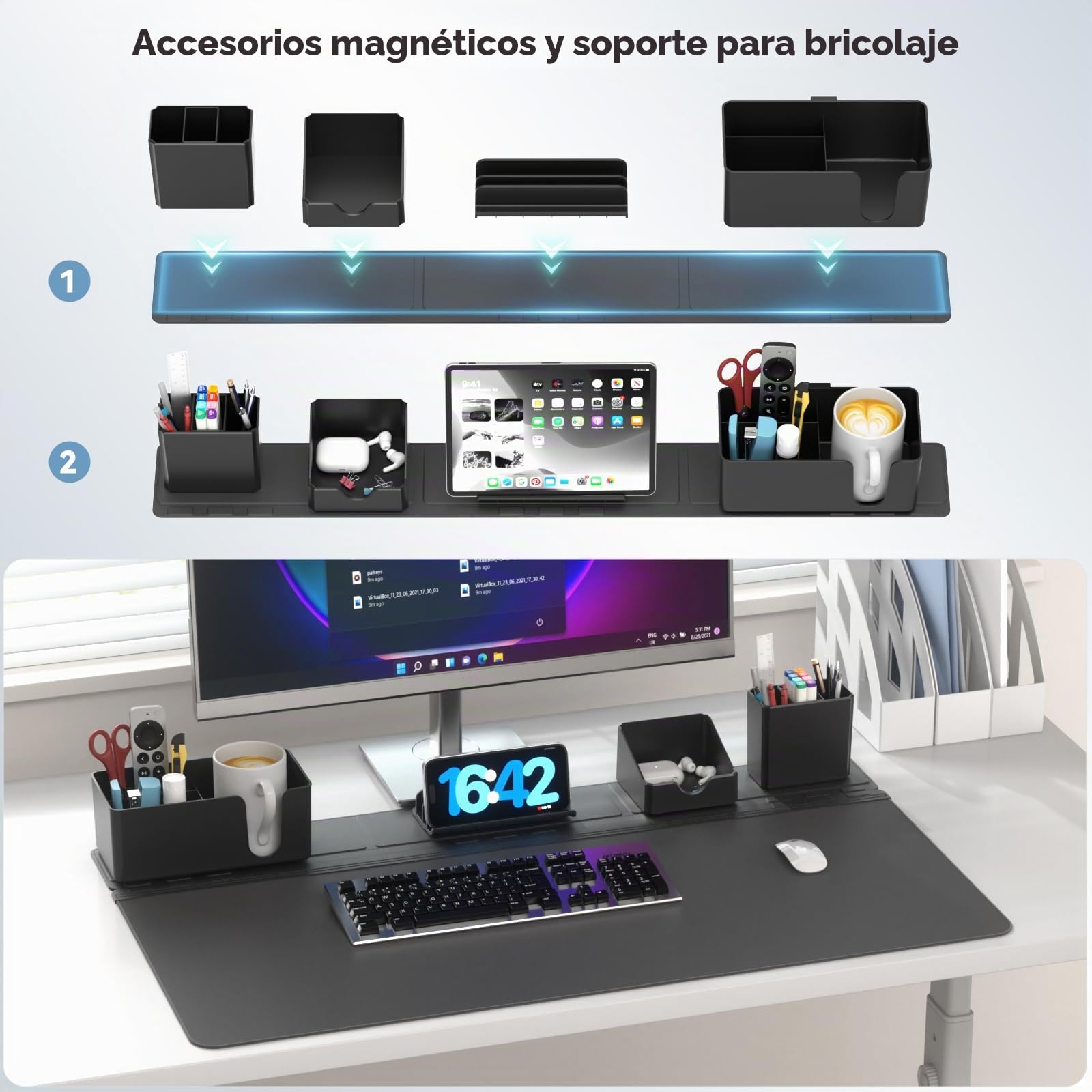 KDD Almohadilla Escritorio Grande con Set de Organizador Magnético, 5 en 1 Alfombrilla Ratón XXL & Mouse Pad Gaming con Teléfono/Portavasos/Portabolígrafos/Tarjetero DIY Oficina Hogar(80x34.5cm)
