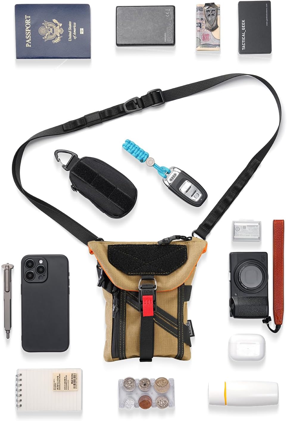 TACTICAL_GEEK EXT14 EDC Multi-Functional Bag, Organizer Pouch with RFID-Blocking Card Pocket, Lightweight Waist with Adjustable Strap, Portable Organization for Daily Use（T500 Coyote Tan）