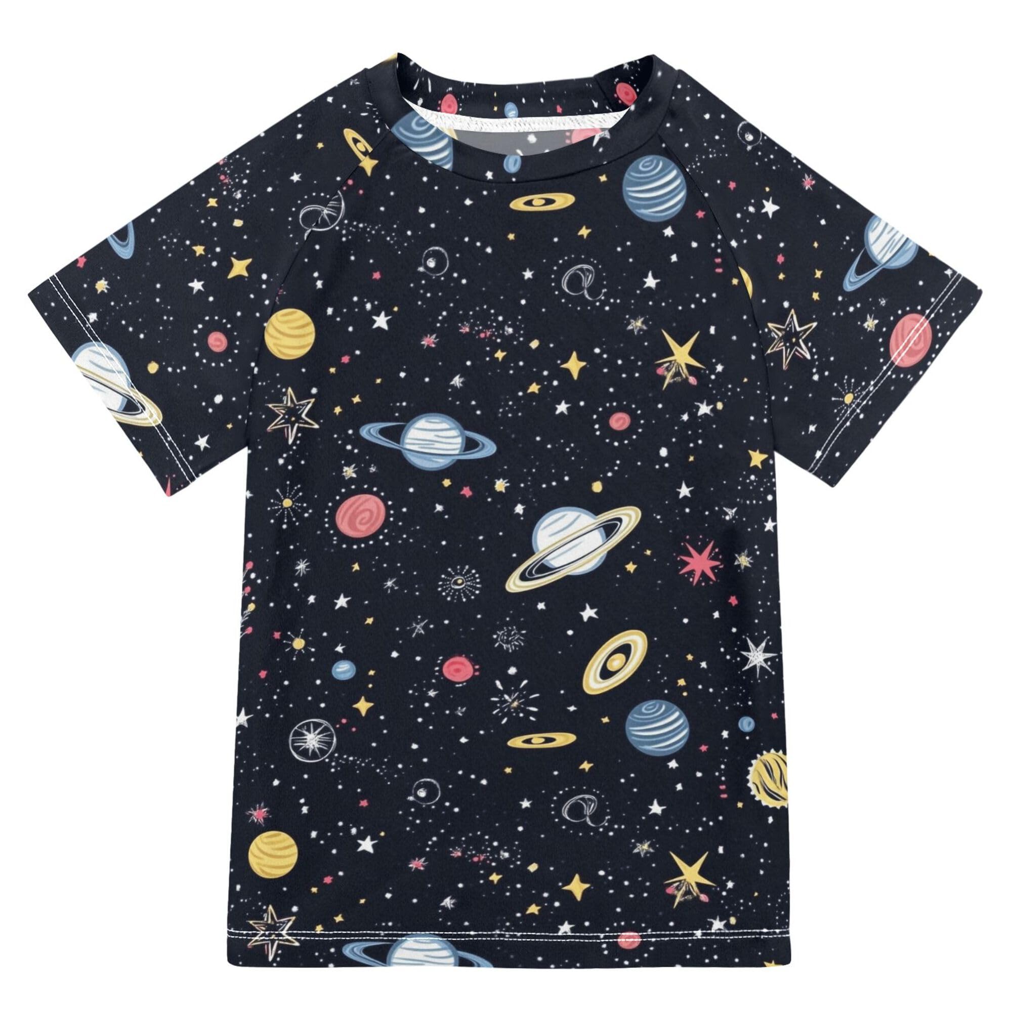 Wudan Space Stars Sky Cosmic Planet Boy Bathing Suit Short Sleeves Girls Swimsuit with Rashguard Swimwears Active Tees for Little Boys 7-8Y