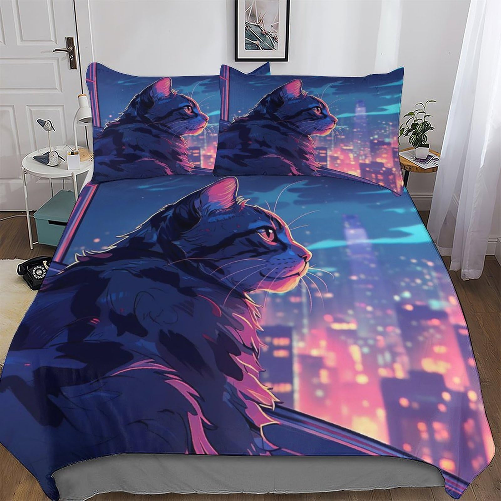Housse de couette chat 220x240 parure de lit 3 pièces adultes et enfants