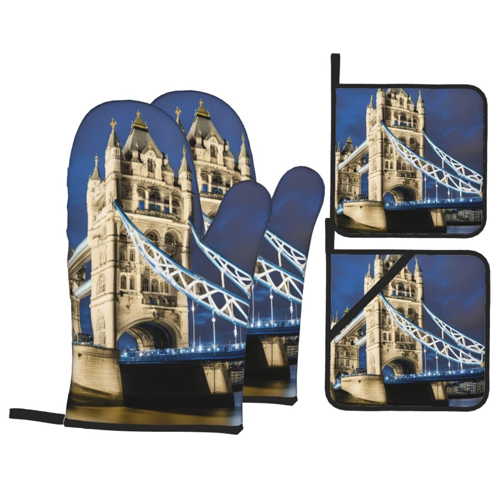 Tower Bridge in London Print 4-Piece Oven Microwaving Set Waterproof Kitchen Gloves for Baking Grilling Cooking