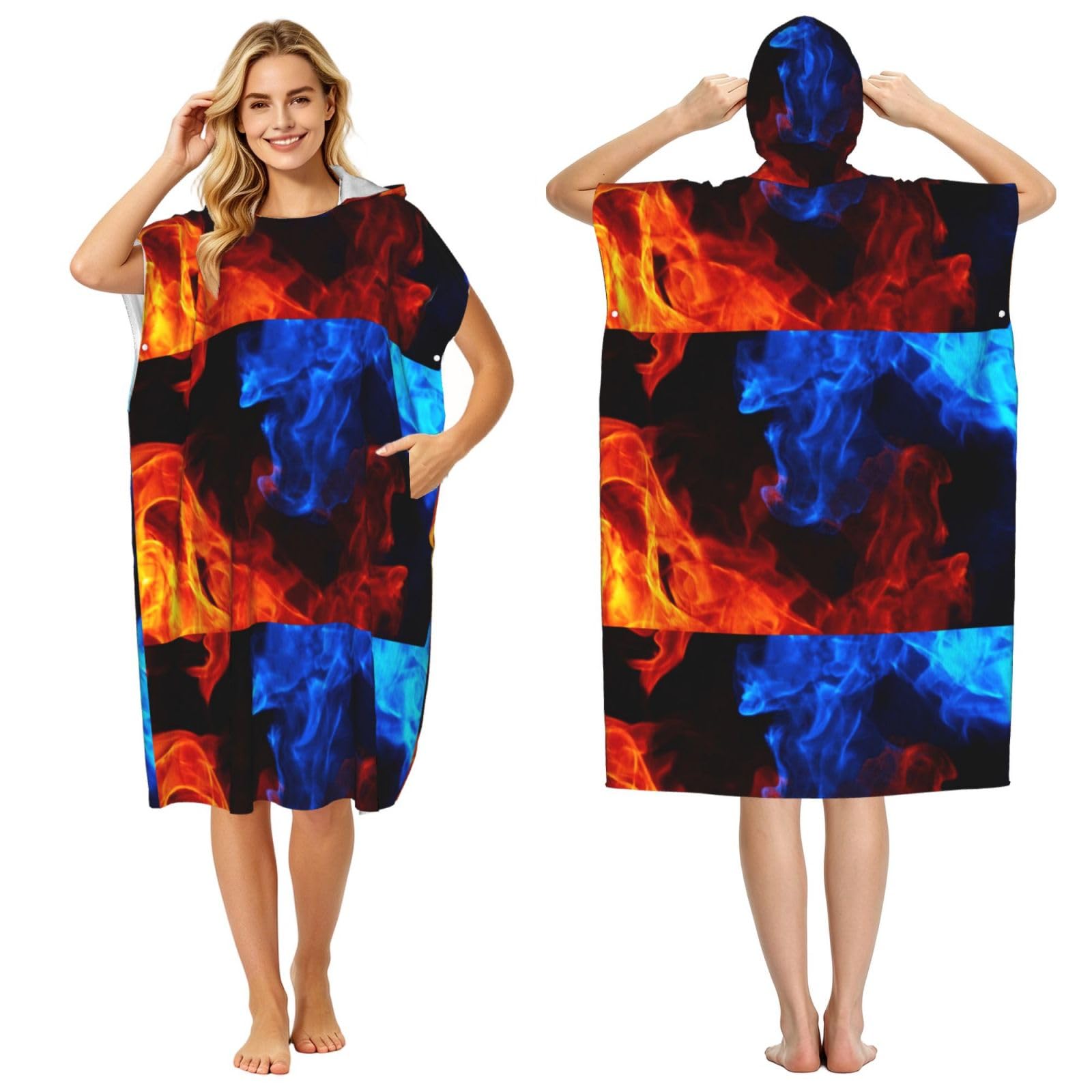 Poadnly Red And Blue Flame, Adult Hooded Beach Towel 90 x 110 cm,Changing Bath Robe, Surf Poncho Towel For Women Men