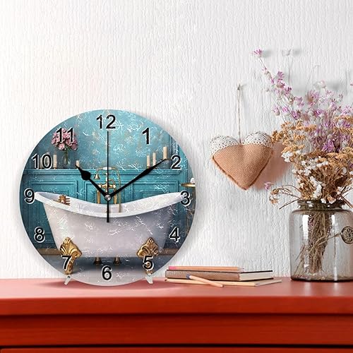 Miniatura 2 de CHIFIGNO Reloj de pared redondo de baño verde azulado, reloj de pared decorativo de 10 pulgadas, funciona con pilas, relojes de pared decorativos