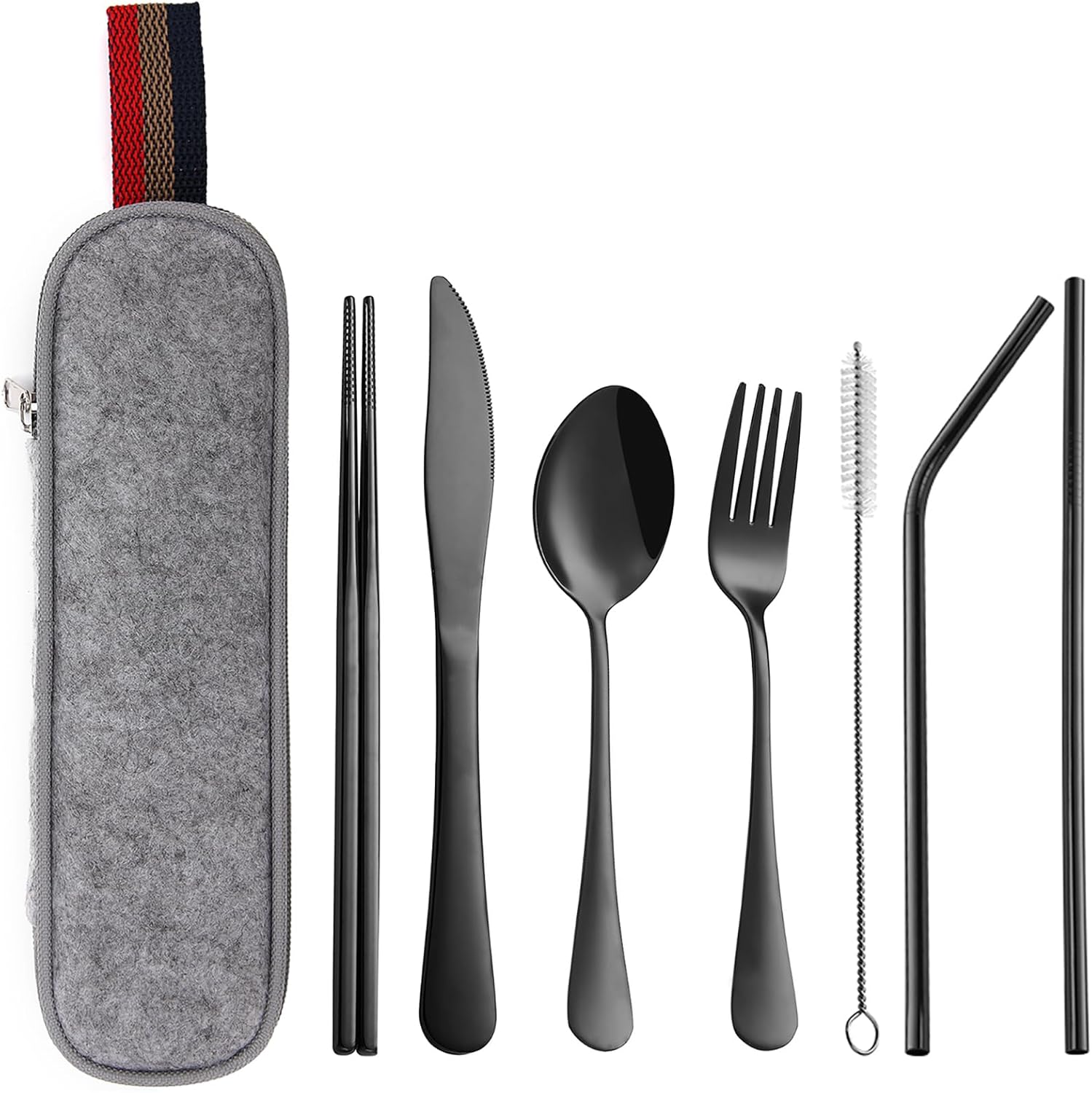 DEVICO Travel Cutlery Set with Case, Portable Camping Cutlery Set for 1, Reusable Stainless Steel Knife Fork Spoon Chopsticks for Lunch Box, Work, Picnic, School Black