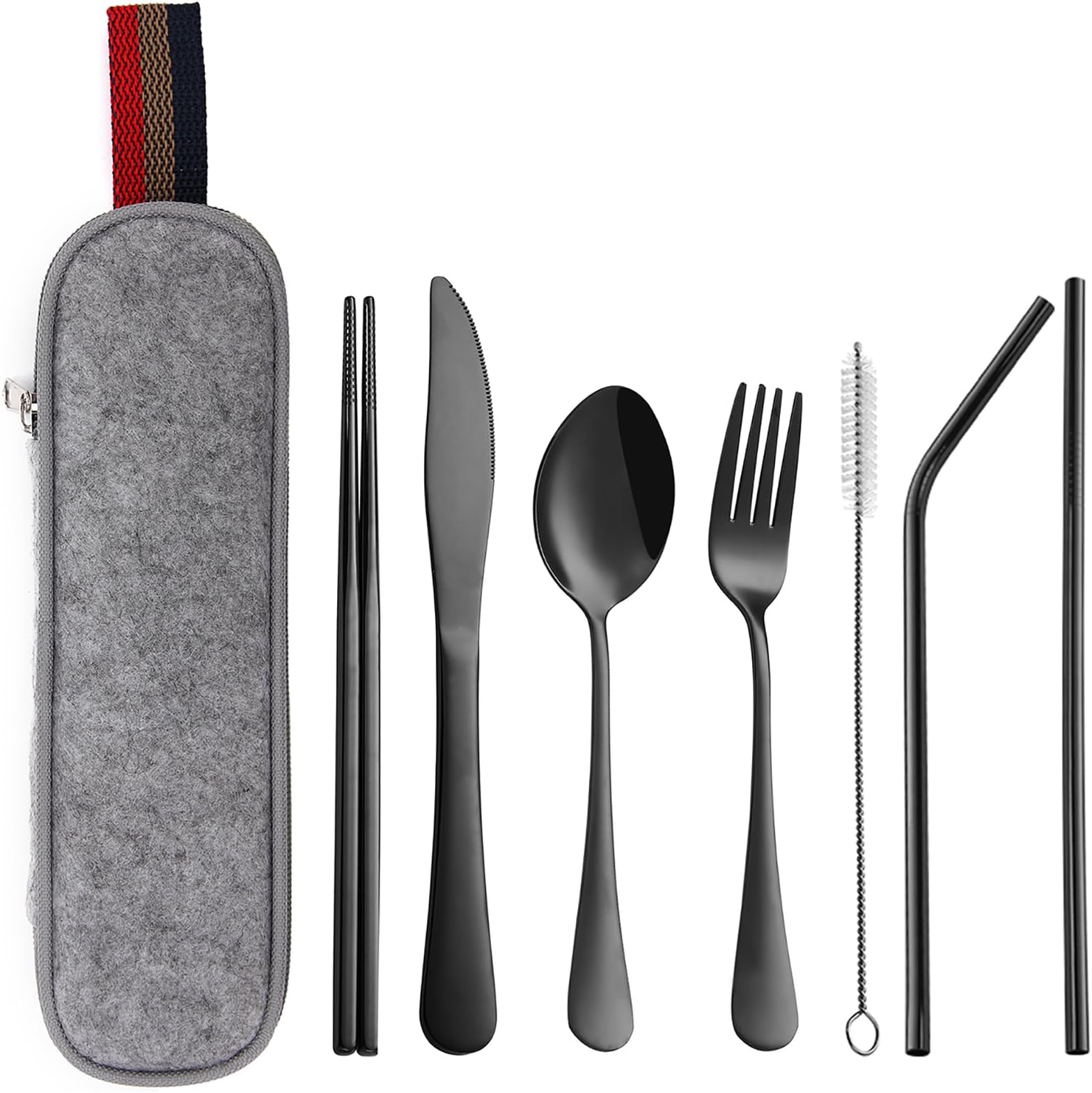 DEVICO Camping Utensils, 8-Piece Full-Size Reusable Silverware for Lunch Adult, Stainless Steel Portable Fork Spoon Knife Set for Work, Travel Cutlery Set with Case, Chopsticks, Straws (Black)