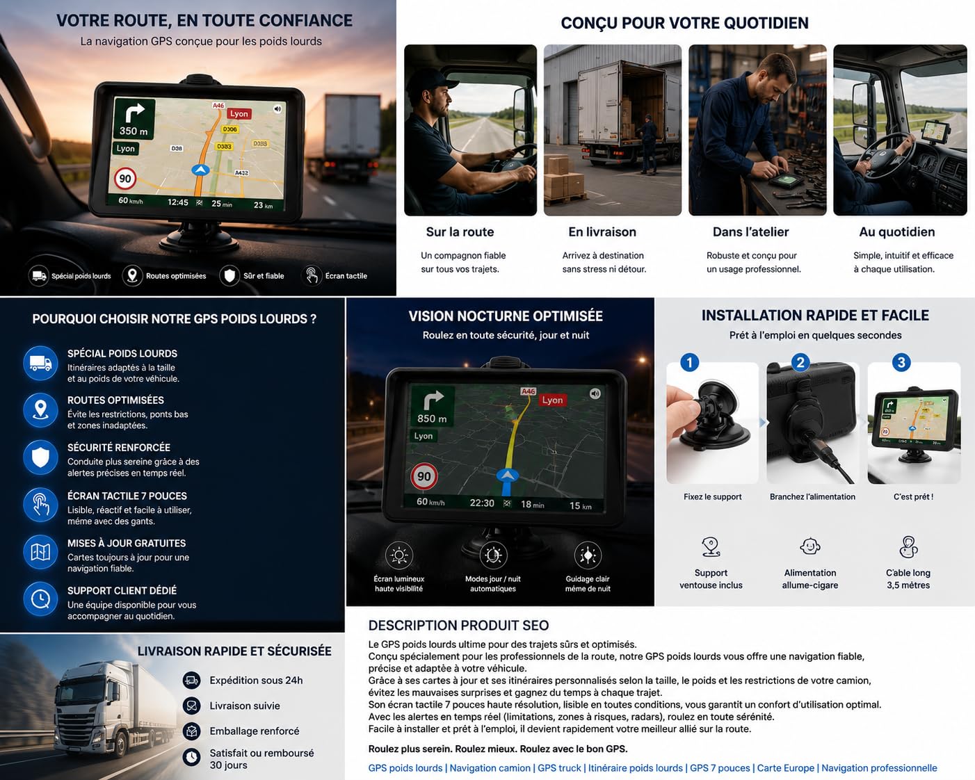 GPS Navigation 7 Pouces, Écran HD Tactile, 8 Go, FM, Multi-Langues, pour Voiture Camion Bus
