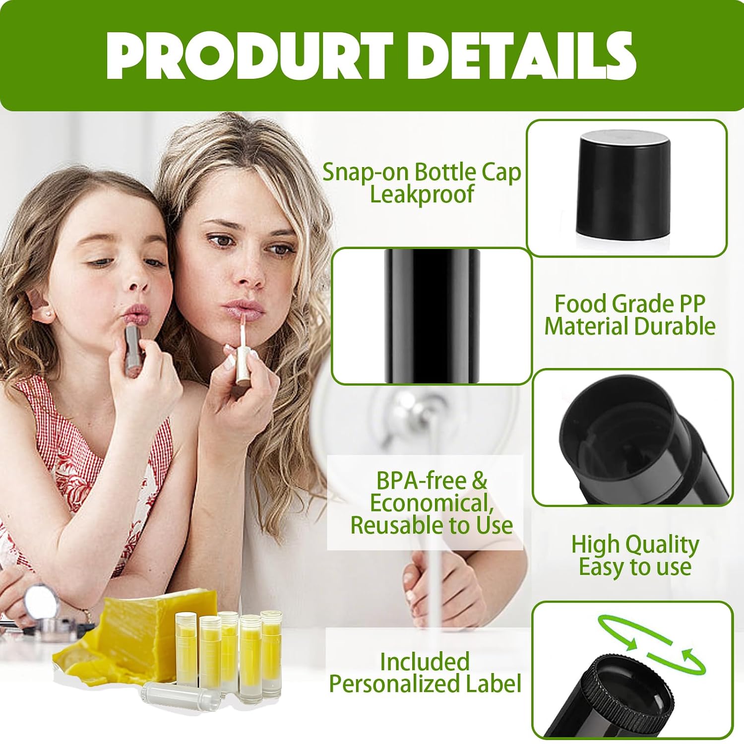 Lip Balm Tubes with Filling Tray and Spatula, 50 Empty Lip Balms Containers with Caps (Clear+Black), BPA Free, Make Natural Lip Balm Kit for DIY