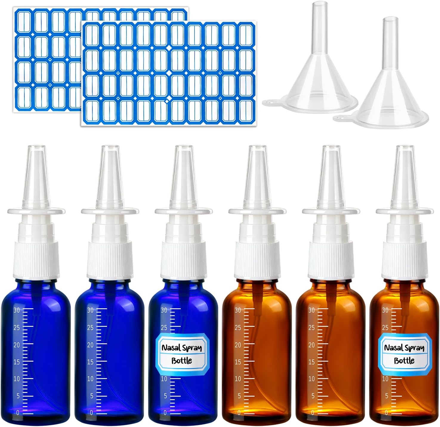 10 Pcs Nasal Spray Bottle, 30ML/1oz 6Pcs Empty Refillable Brown Blue Scale Nasal Nose Spray Bottles with 2 Funnels and 2 Labels