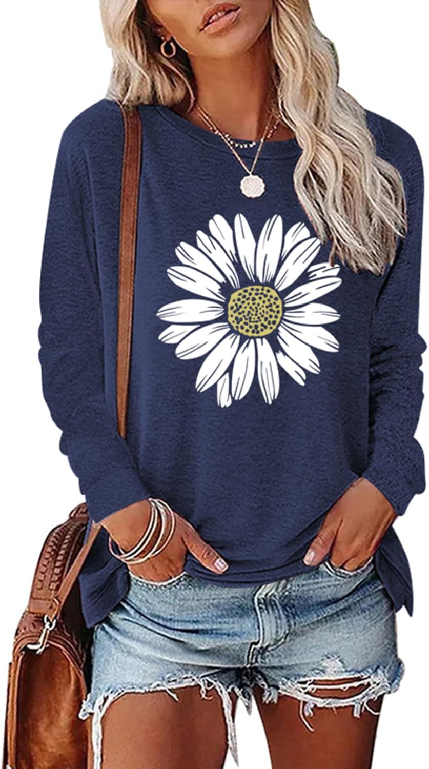 Women's Sunflower Graphic Long Sleeve Fashion Floral Printed Casual Cotton Tee Tops...