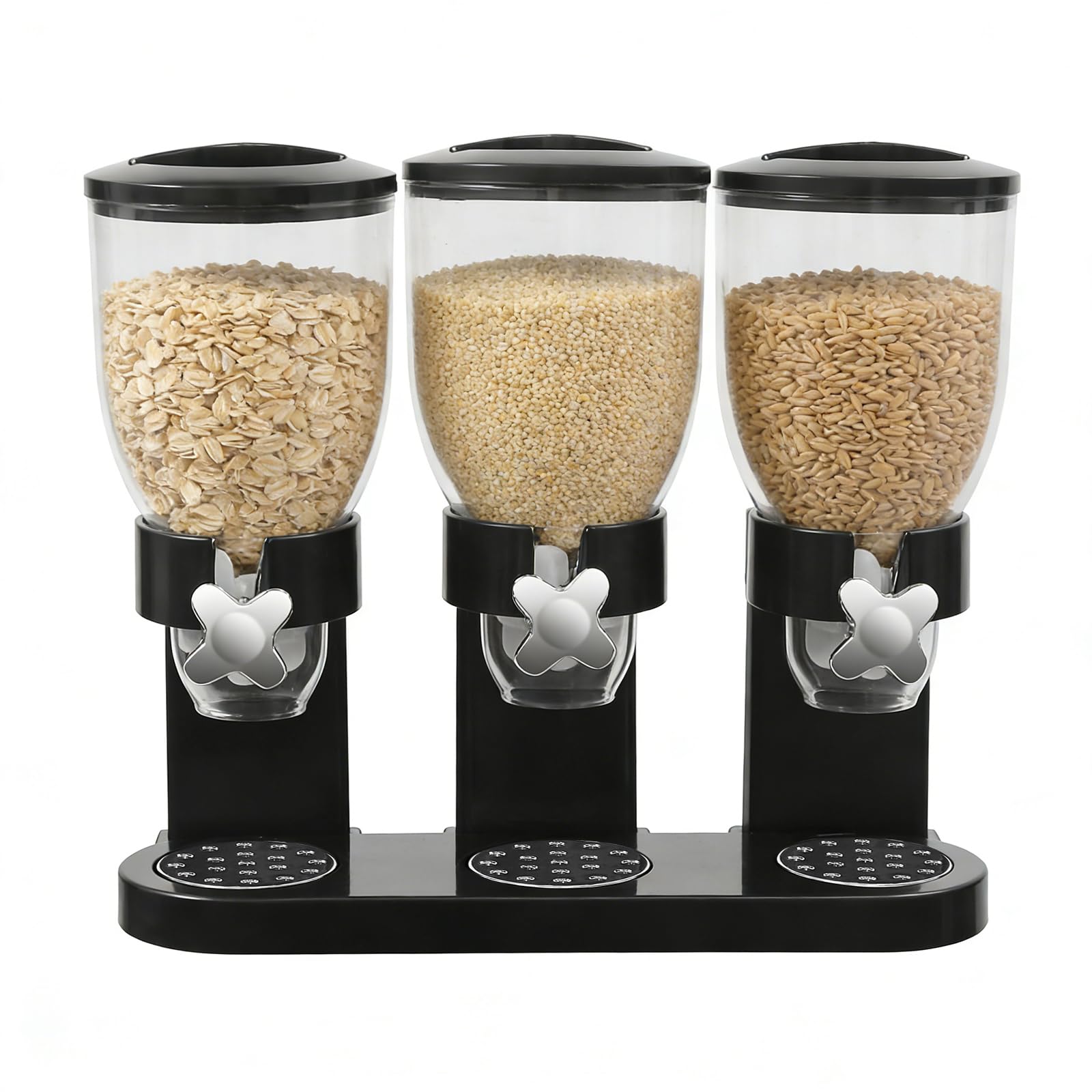 Juego de 3 dispensadores de cereales de 2 litros con ventana (negro) | Distribuidor triple de cereales, para cereales, arroz, dulces, granos de café, 44 x 16 x 35 cm