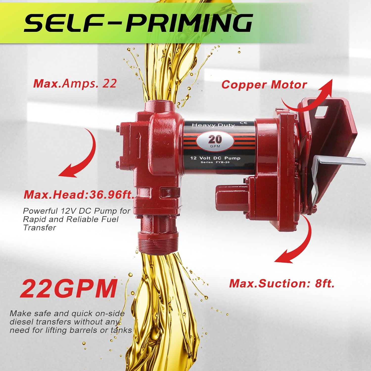 12V Fuel Transfer Pump w/Manual Nozzle, 20 GPM High Flow DC Diesel Transfer Pump, Gas Heavy Duty Transfer Pump with Filter for Gasoline, Diesel, Kerosene, Biodiesel and More