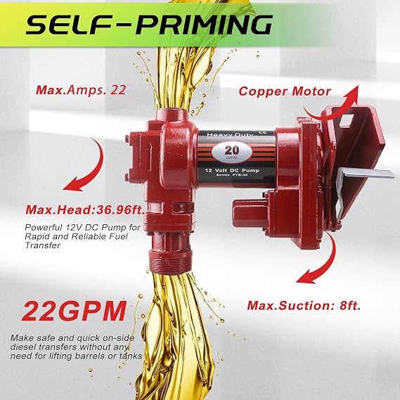 12V Fuel Transfer Pump w/Manual Nozzle, 20 GPM High Flow DC Diesel Transfer Pump, Gas Heavy Duty Transfer Pump with Filter for Gasoline, Diesel, Kerosene, Biodiesel and More