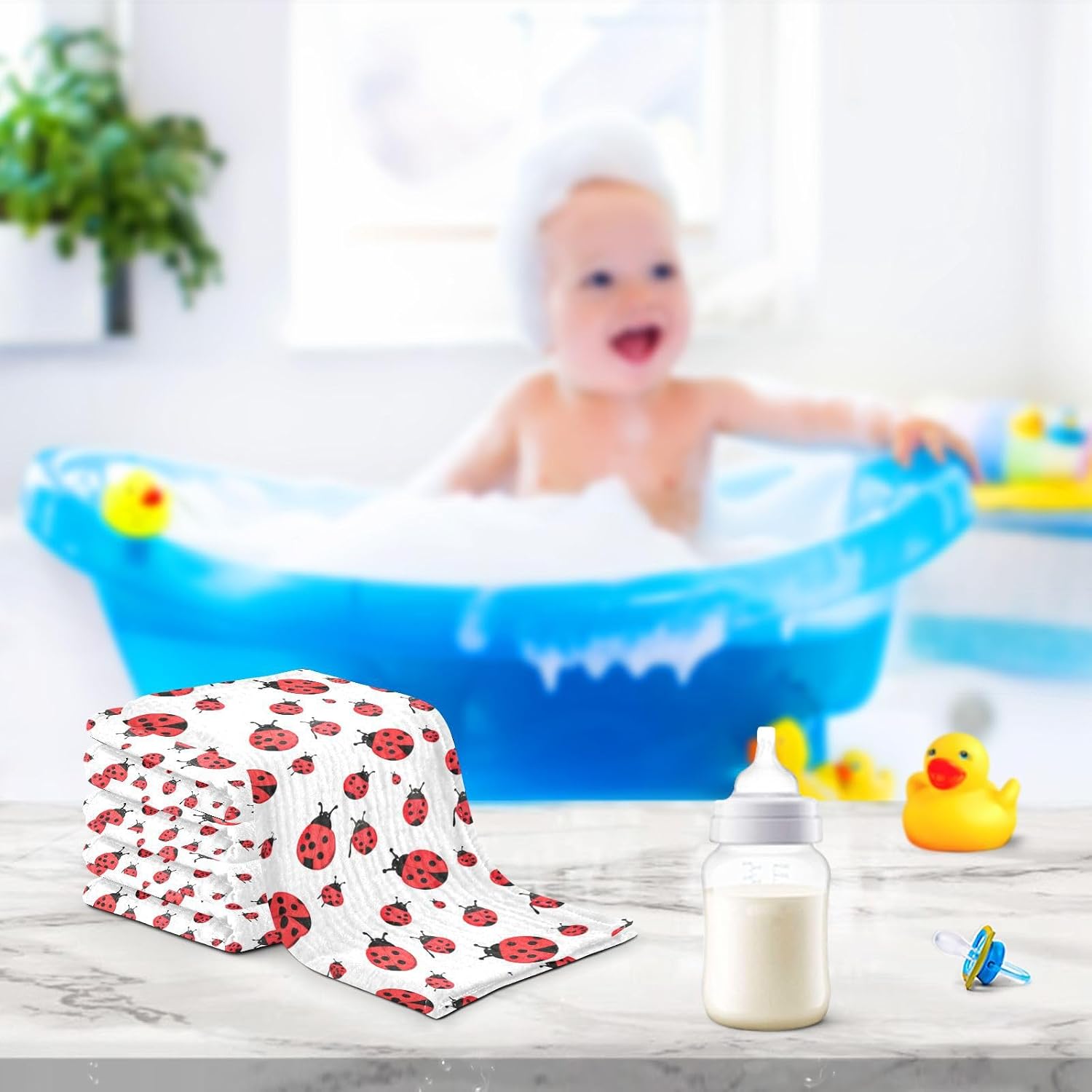 YETTASBIN Ladybugs Muslin Baby Hand Washcloths, Soft Cotton Bath Face Towel, 4 Layers Extra Absorbent Feeding Burp Cloth for Newborn Infant, 5 Pack