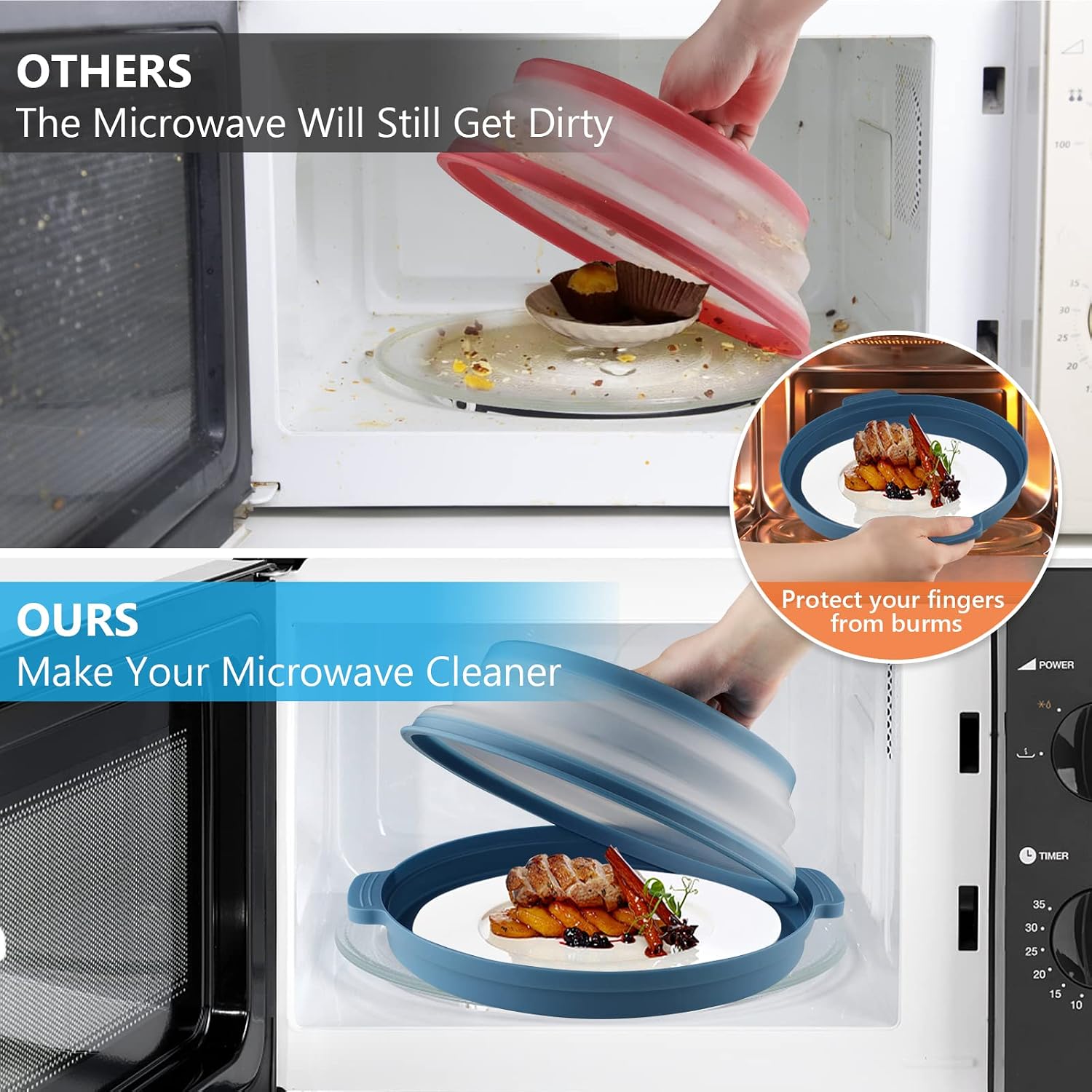 Microwave Splatter Cover with Plate Tray Set Microwave Cover for Food BPA Free 10.6 Inch Lid Microwave Splatter Guard Fit More Plates（Blue）