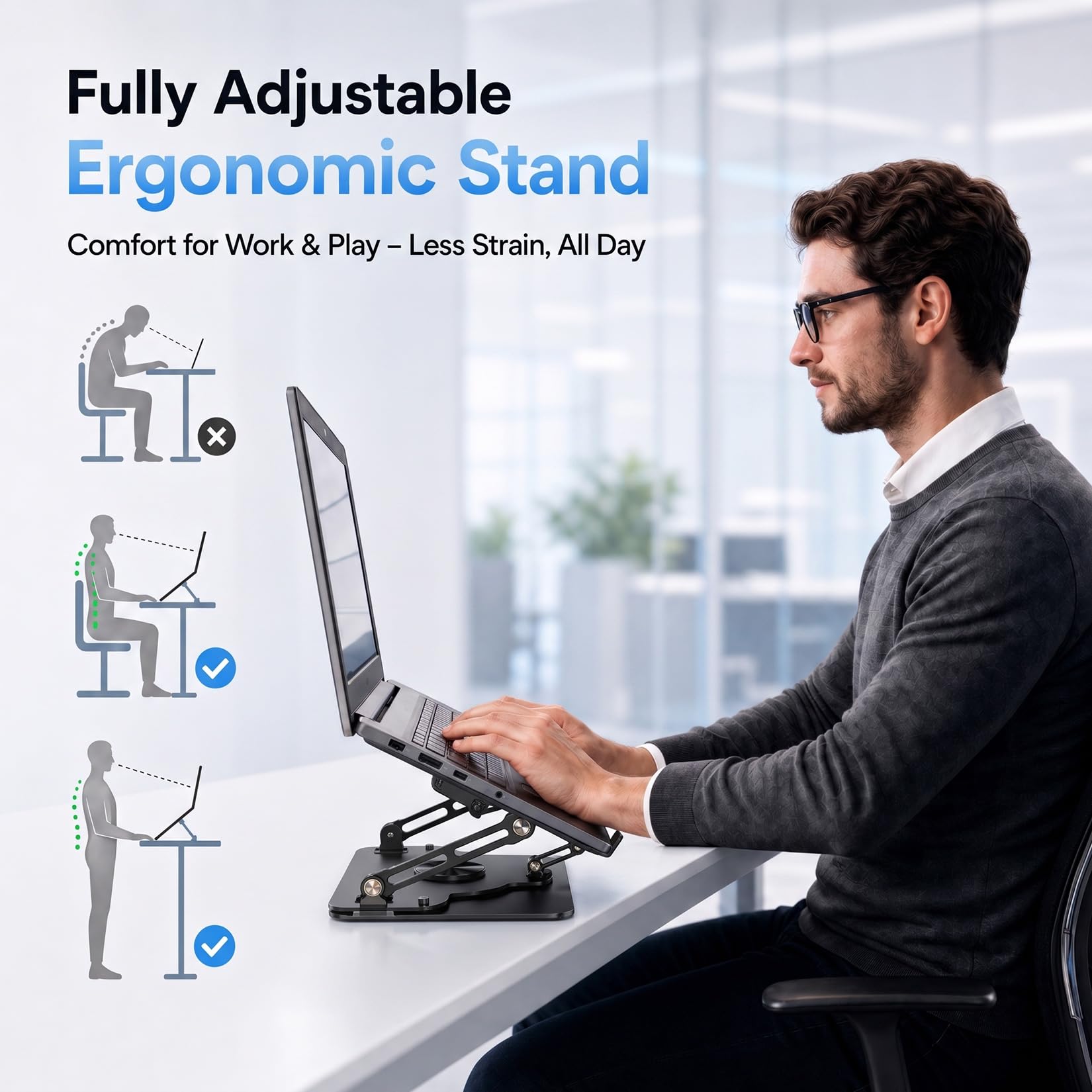 Base di raffreddamento per laptop con ventola e raffreddamento staccabili, supporto regolabile 2 in 1 per laptop e telefono, base girevole a 360°, struttura in acciaio al carbonio per laptop