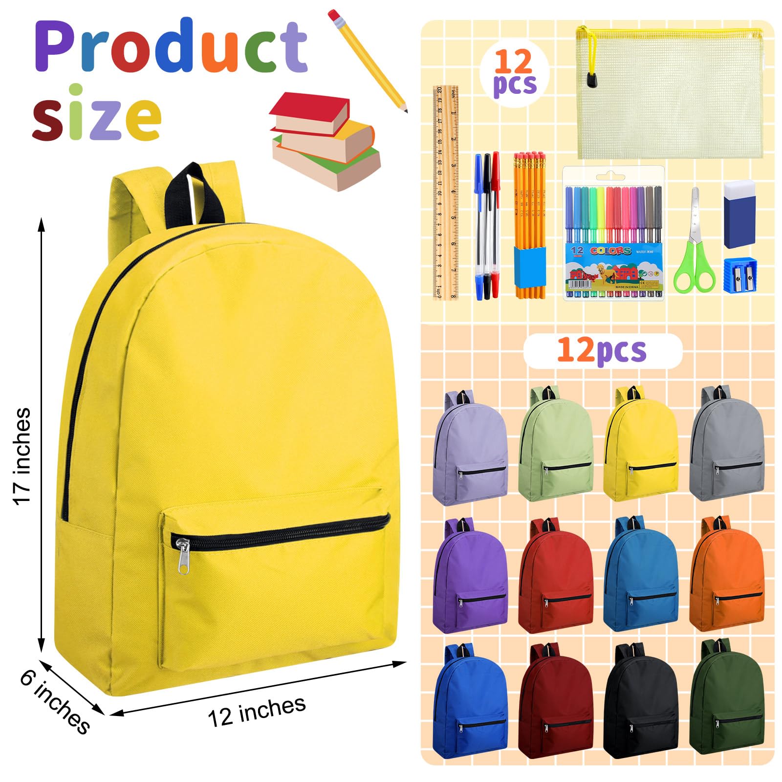 Silkfly 12 zaini da 43,2 cm con 144 pezzi kit di materiale scolastico include pennarelli, forbici, righelli, temperamatite, penne a sfera, gomme, astucci, matite per scuola elementare e media, Colore