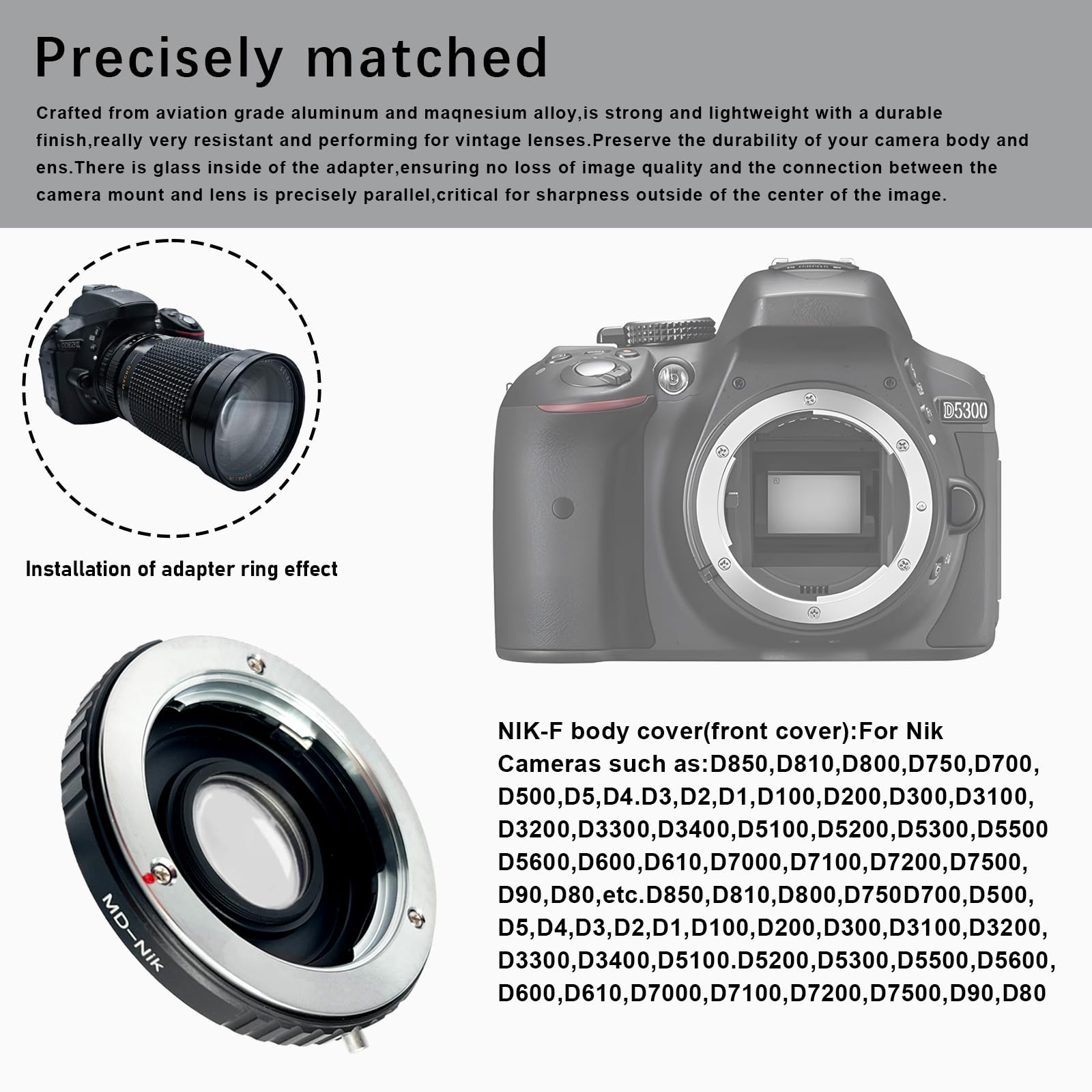 Adaptateur d'objectif MD vers Nik - Compatible avec objectif Minolta (MD/MC) sur appareils photo reflex Nik-F D780, D3000, D3100, D3200, D3400, D3400, D5000, D5100, D5200(MD vers Nik(Ai) - Avec