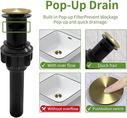 Miniatura 5 de Grifos de baño en cascada para fregadero de 3 agujeros, grifo de lavabo de baño dorado cepillado con drenaje desplegable de 8 pulgadas, grifo de