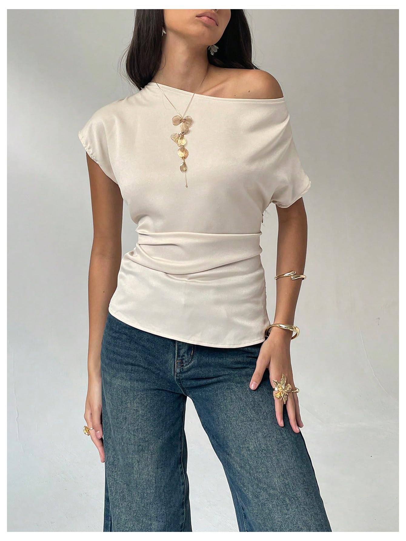 Floerns Women's Elegant Off The Shoulder Shirts Ruched Short Sleeve Dressy Casual Blouses