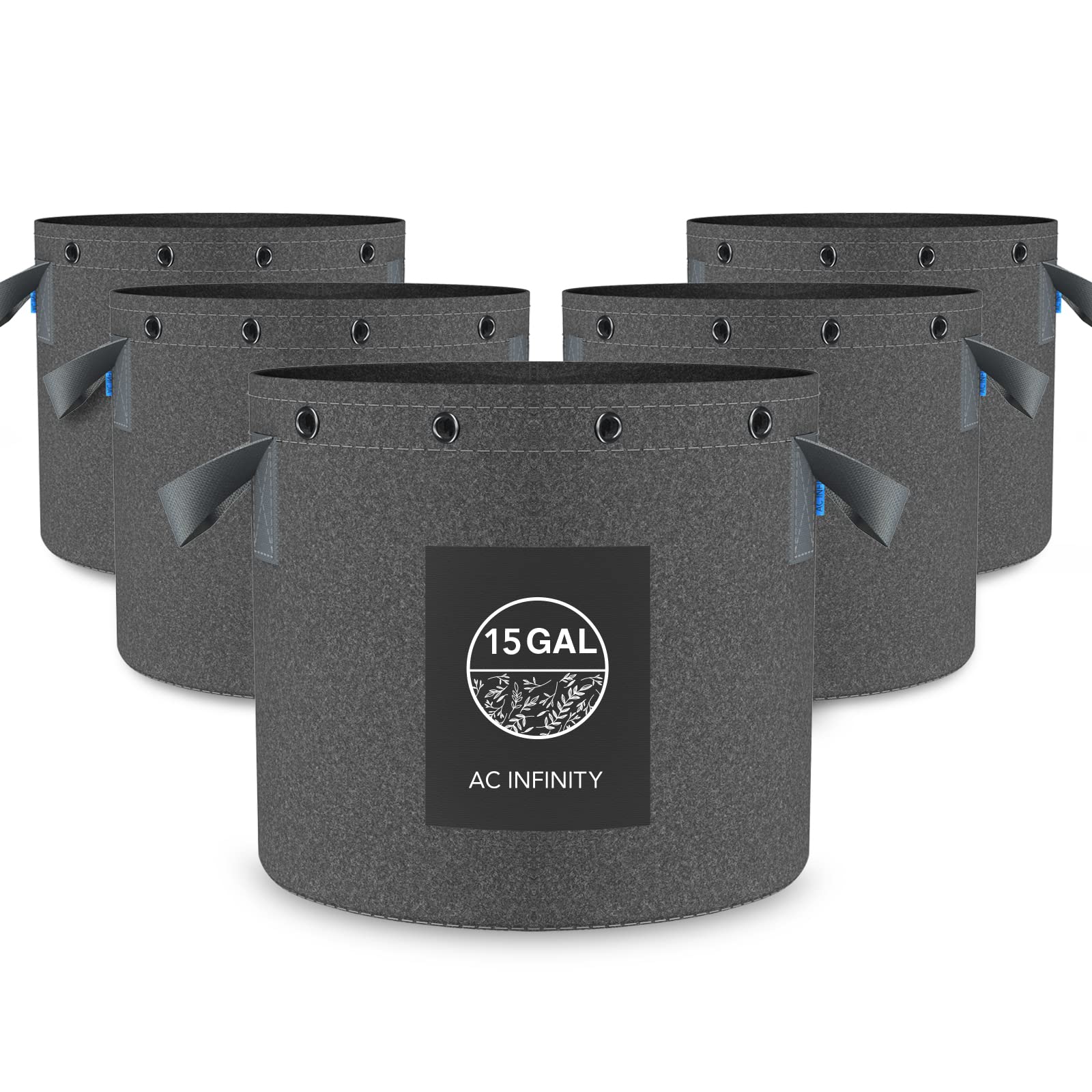 AC Infinity Heavy Duty Fabric Pots, 60 Liter Aeration Reusable Grow Bags 5-Pack 500G Thick Nonwoven Fabric and Multi-Purpose Rings for Low Stress Plant Training Fruits Vegetables and Flowers 15 Gallon