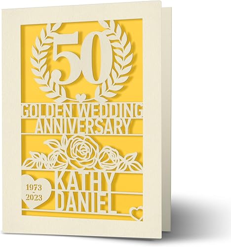 EDSG Tarjeta de aniversario personalizada, regalo de boda cortado con láser para él y ella con cualquier nombre y fecha (dorado)