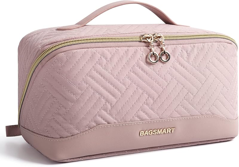 Necessaire de maquiagem BAGSMART com abertura ampla, bolsos internos e alça superior, rosa