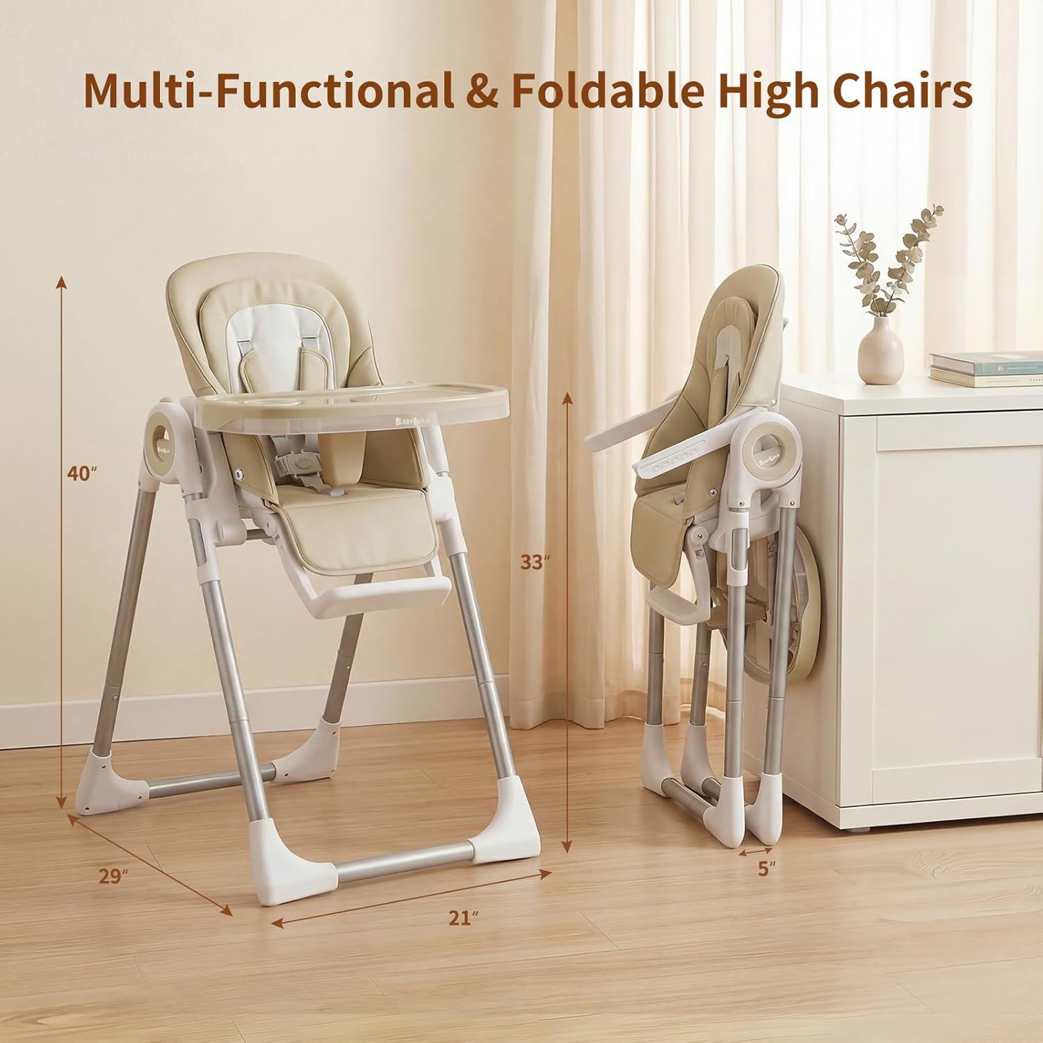 High Chair, Foldable High Chairs for Babies and Toddlers, Ultra Safe for Infant with Lockable Wheels, Easy Clean, Removable Tray/Adjustable Footrest for Baby Feeding HighChair, Cream