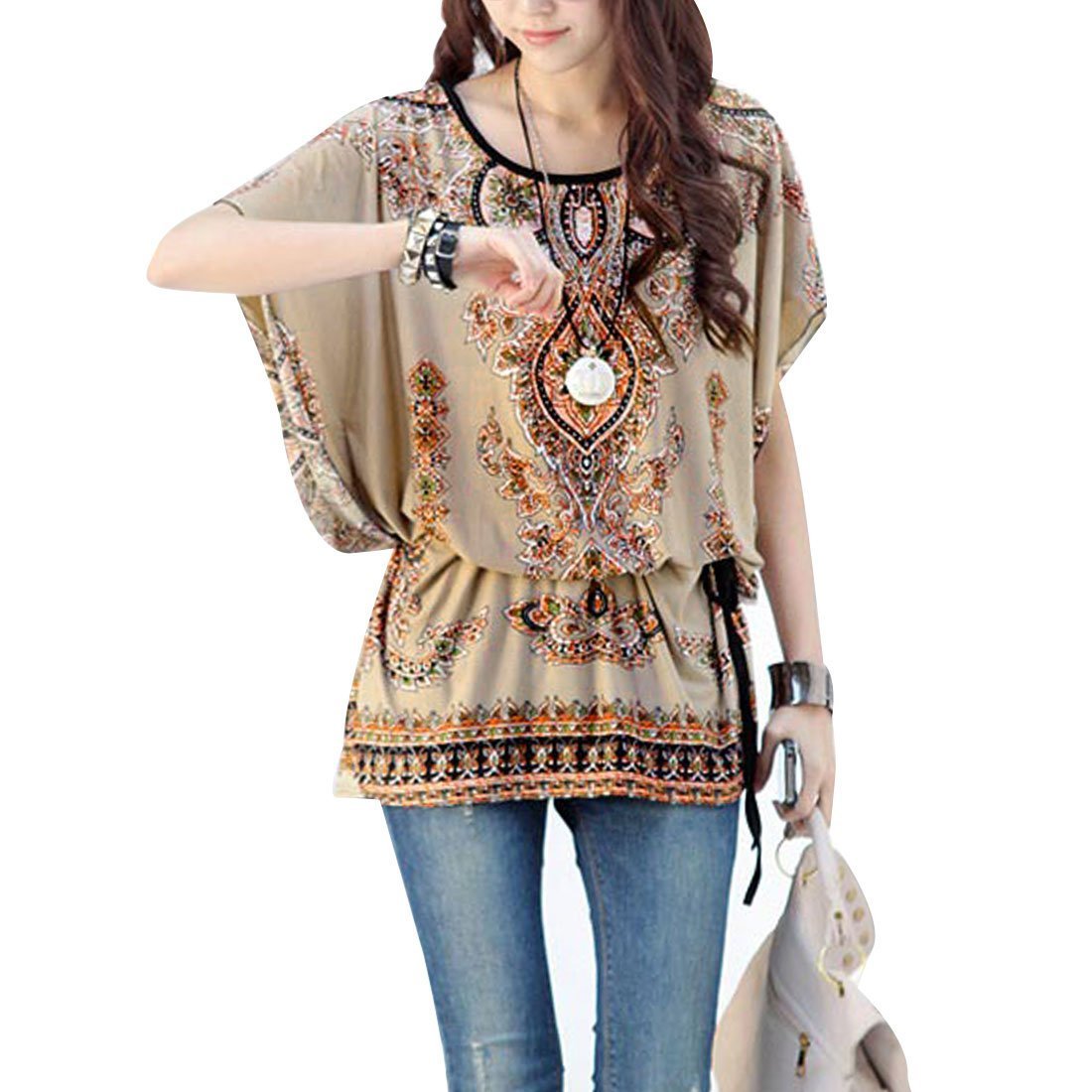 Women's Round Neck Batwing Sleeve Semi Sheer Tunic