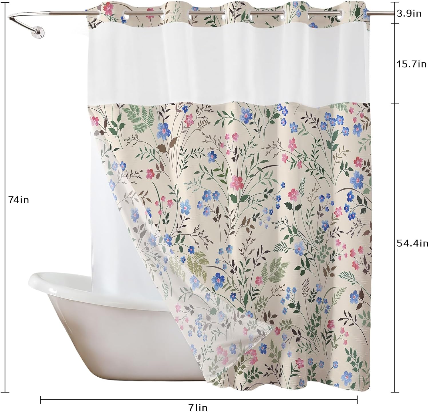 No Hook Pink and Blue Wildflower Shower Curtain with Snap in Liner Set, Plant Pink Floral on Beige Shower Curtain for Bathroom, Green Leaf Fabric Shower Curtains Decor, 72x74 Inches