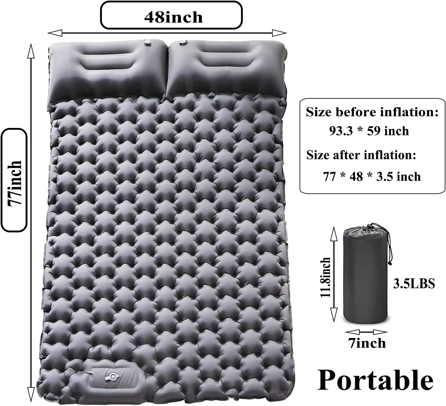 Inflatable Double Camping Mat with Pillow, Build-in Foot Pump Ultralight Sleeping Air Matress Pad for 2 Person, Portable Bed Compact for Camping Hiking Backpacking Outdoor (Grey, Double)