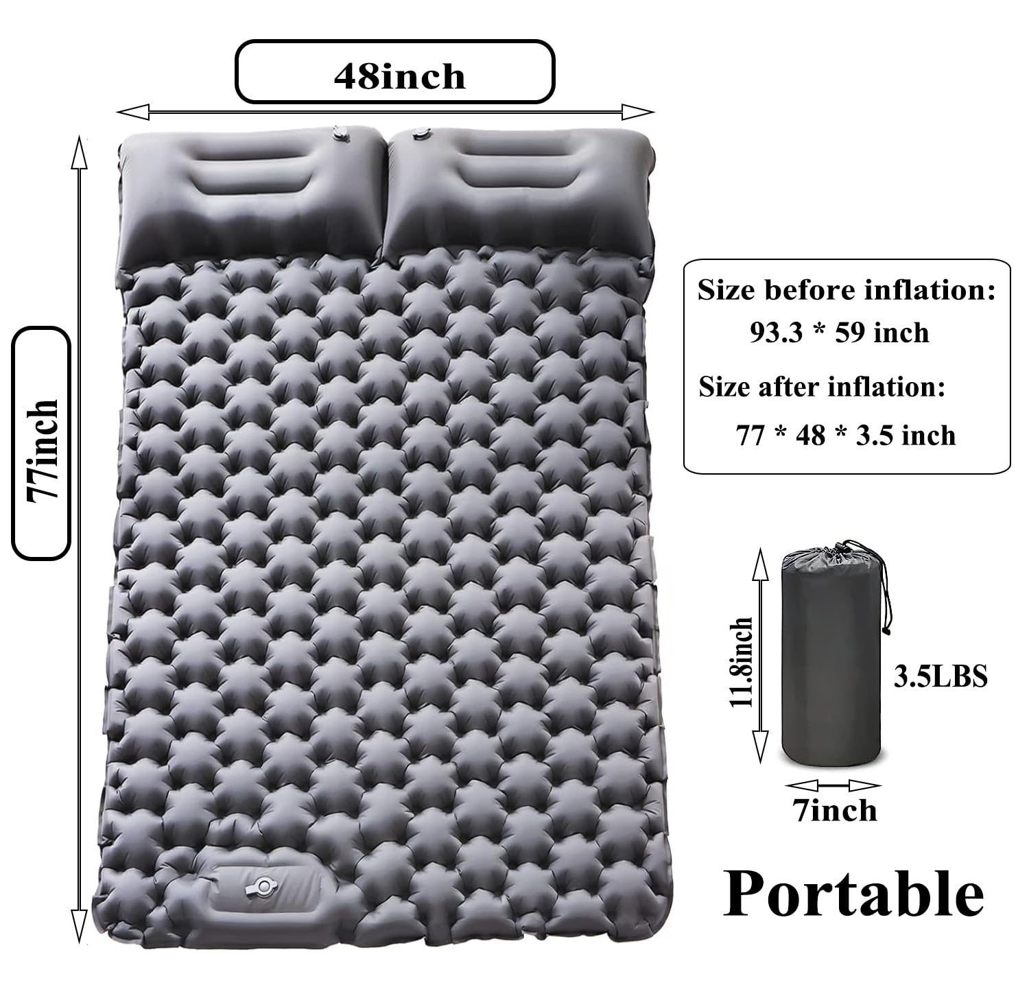 FEJAHUFZ Inflatable Double Camping Mat with Pillow, Build-in Foot Pump Ultralight Sleeping Air Matress Pad for 2 Person, Portable Bed Compact for Camping Hiking Backpacking Outdoor (Grey, Double)