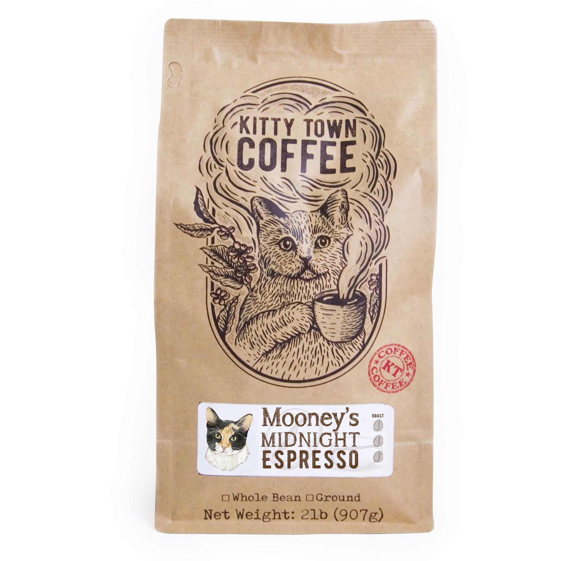 Kitty Town CoffeeKitty Town Coffee: Mooney's Midnight Espresso Blend Dark Roast Coffee From Brazil, Guatemala, & Papua New Guinea 2lb (32oz) Ground