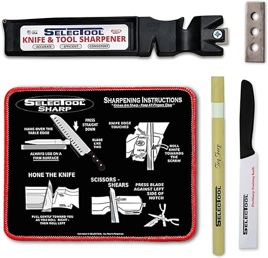 Knife and Tool Sharpening System, All in One Knife sharpener, Honing Rod, Sharpener Mat, Extra Blade and Training Knife - Sharpener System by Selectool, 5 pcs.