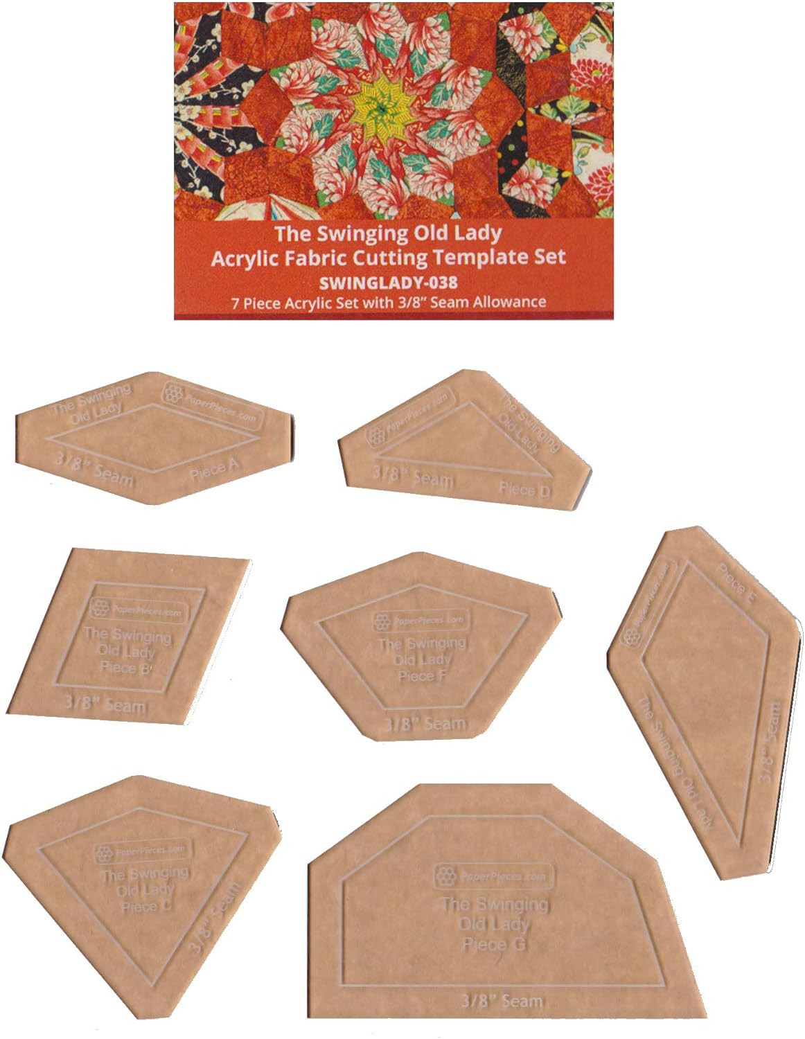 Paper Pieces - Acrylic Template Set for The Swinging Old Lady Quilt Pattern (from The Millefiori Quilts 4 Book) - 7 Pieces with 3/8" Seam Allowance