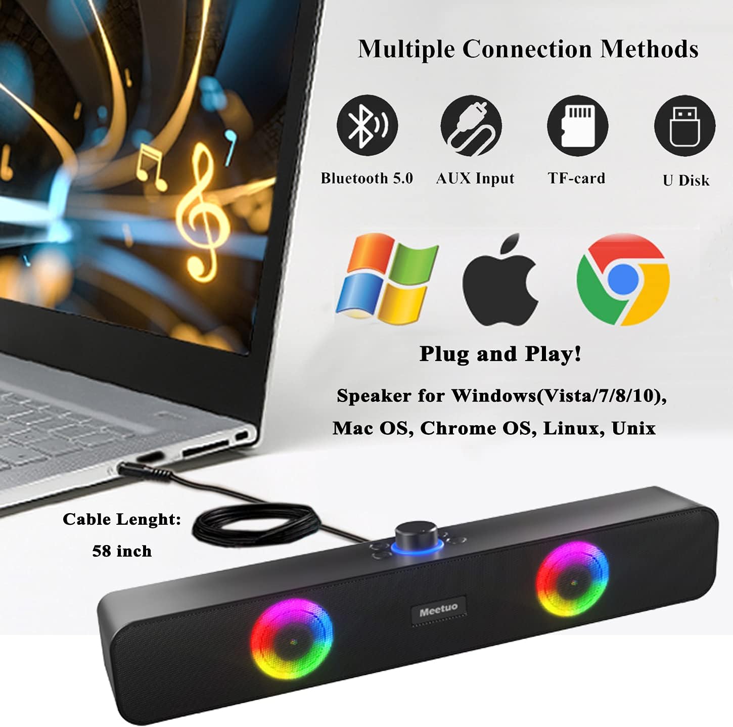 Meetuo Bluetooth Computer Speakers for Desktop, Powerful Wired PC Laptop Speakers Built in Battery Play Up to 7 Hours Stereo Small Soundbar RGB Lights