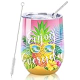 NymphFable 12oz Pineapple Tropical Cup Wine Tumbler with Straw and Lid Insulated Wine Glass Stainless Steel Double Wall