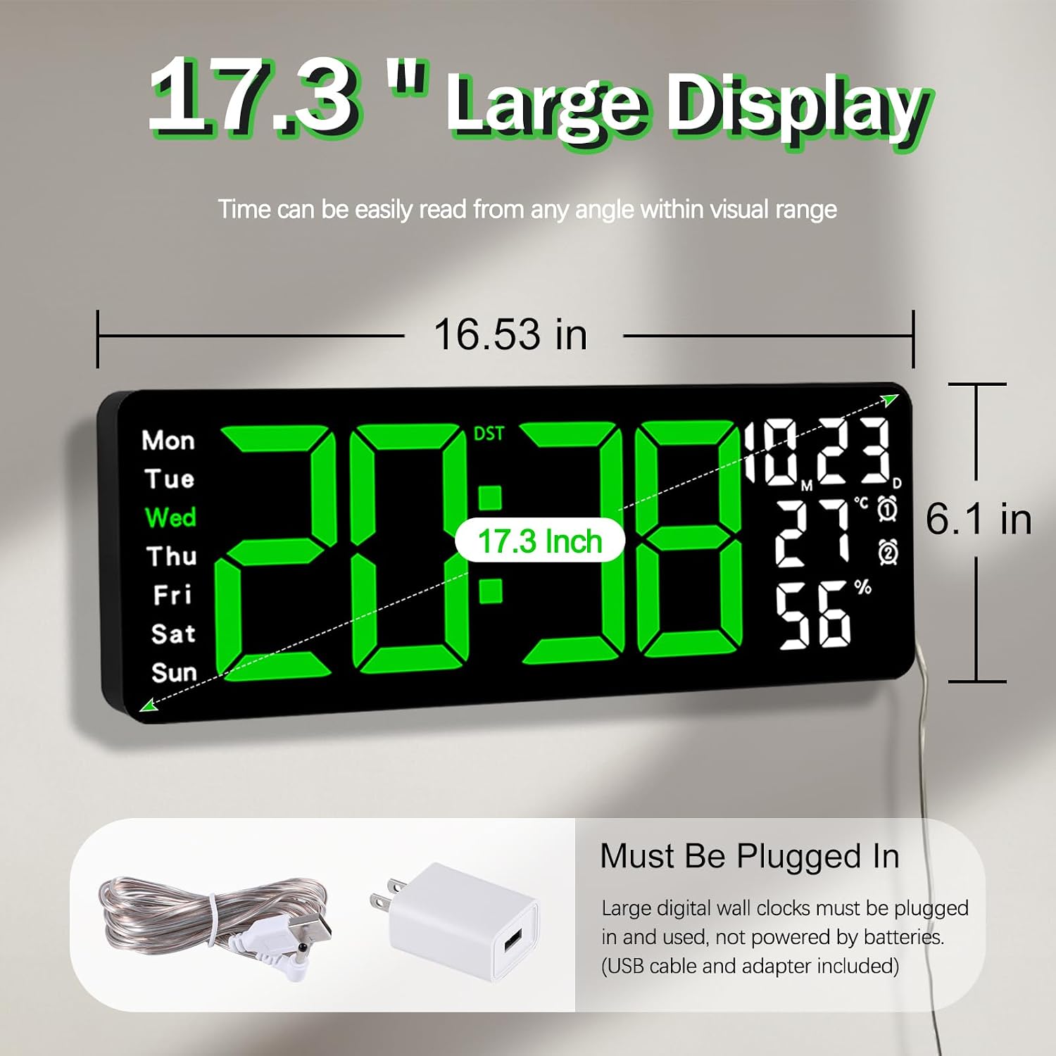 JoFomp 17.3" Large Digital Wall Clock, LED Digital Clock Large Display with Remote Control, Alarm Clock with Temp/DST/Dimmer/Humidity/Timer/Ambient Light - 12/24H, Alarm Wall Clock for Bedroom image 2