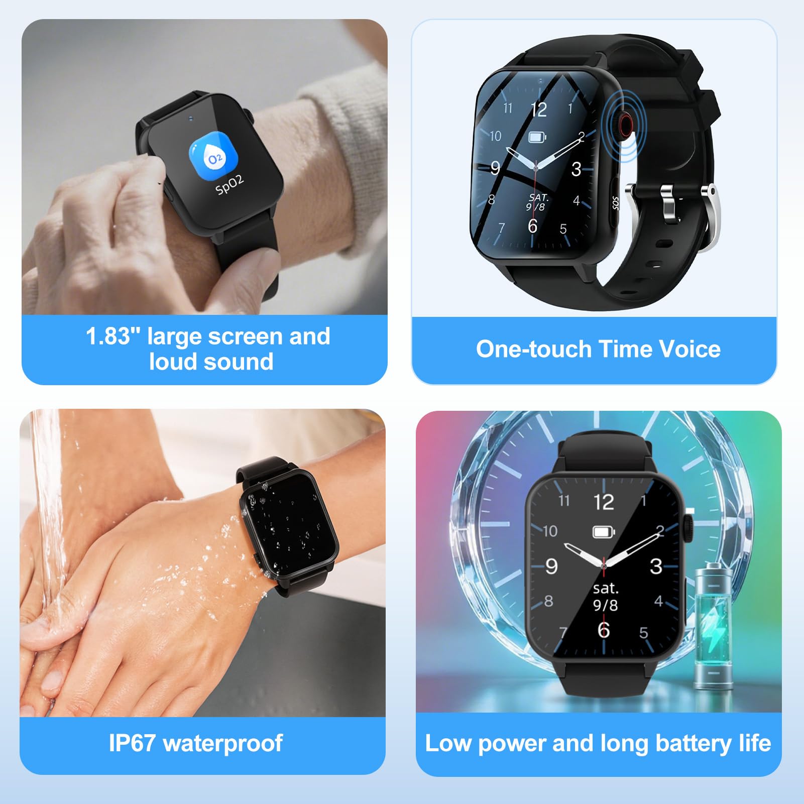 Reloj inteligente para personas mayores con GPS, SOS y alerta de caída, videollamada en tiempo real, anuncio de tiempo de voz, resistencia al agua IP67, interfaz multilingüe para adultos mayores