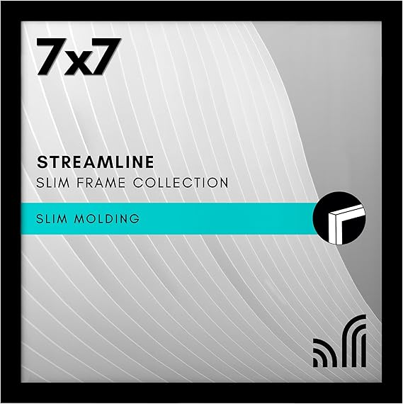 Americanflat 7x7 Picture Frame with Shatter-Resistant Glass - Streamline Collection - Thin Border Square Frame for Tabletop and Wall Display - Hanging Hardware and Easel Stand Included - Black