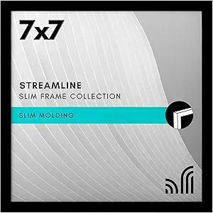 Americanflat 7x7 Picture Frame with Shatter-Resistant Glass - Streamline Collection - Thin Border Square Frame for Tabletop and Wall Display - Hanging Hardware and Easel Stand Included - Black