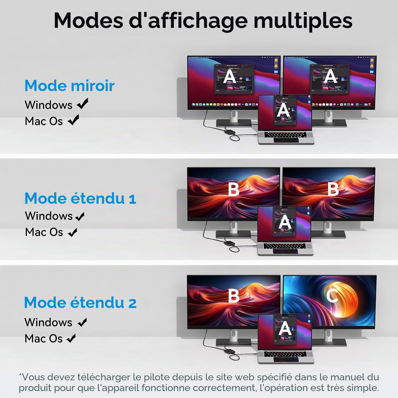 Adaptateur USB 3.0 vers HDMI 1 in 2 Out Extended Display Dual Monitors USBA & USBC vers 2 HDMI Splitter 4K 30Hz+1080p 60Hz pour Ordinateur Portable MacOS Supporte Le Mode MST/SST