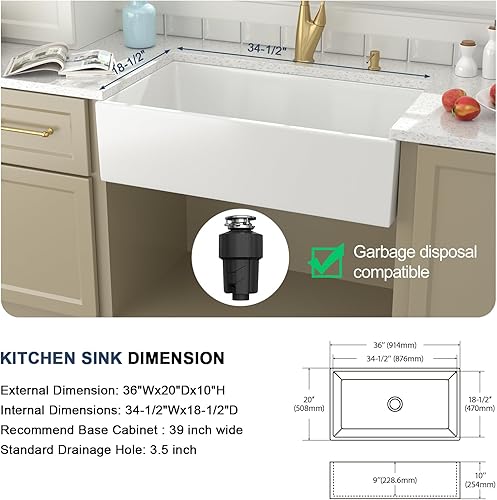 Miniatura 3 de Lordear - Fregadero de cocina blanco de 36 pulgadas, fregadero de cocina de arcilla refractaria de casa de campo, cuenco individual de 36 x 20 x 10